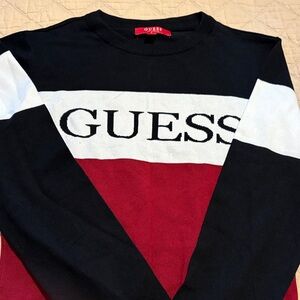 GUESS Women's Black, White, and Red Crewneck Sweater